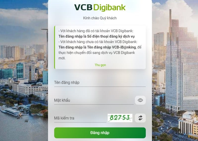 Đăng nhập tài khoản Vietcombank trên trình duyệt web