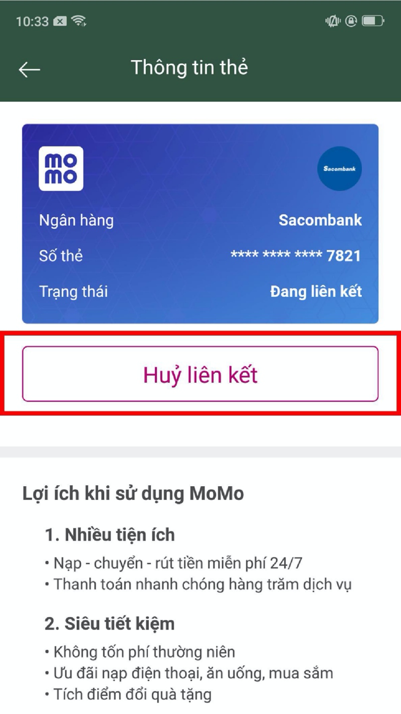 Hủy liên kết Momo với ngân hàng tại ứng dụng Momo - Bước 4