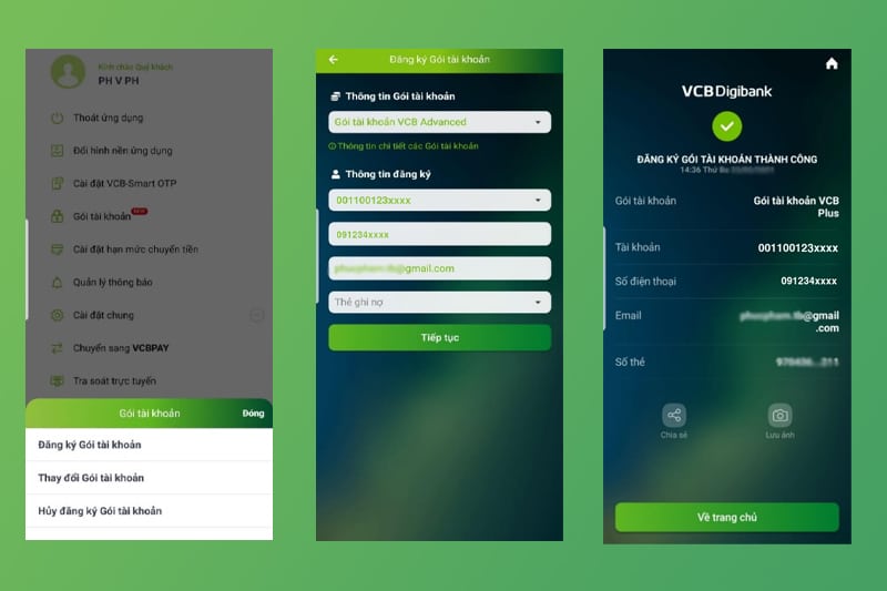 Đăng ký gói tài khoản Vietcombank bằng app Vietcombank trên điện thoại
