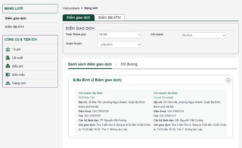 Danh sách chi nhánh, Phòng giao dịch của Vietcombank
