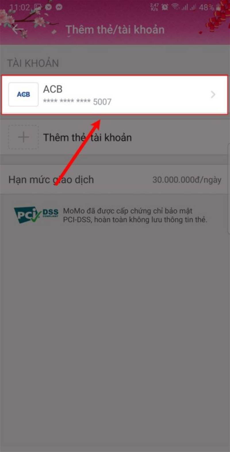 Chọn thẻ/ tài khoản ngân hàng đang liên kết