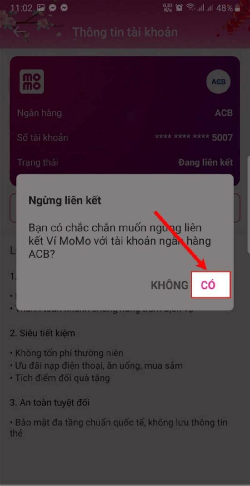 Xác nhận việc hủy liên kết giữa ví Momo và tài khoản ngân hàng