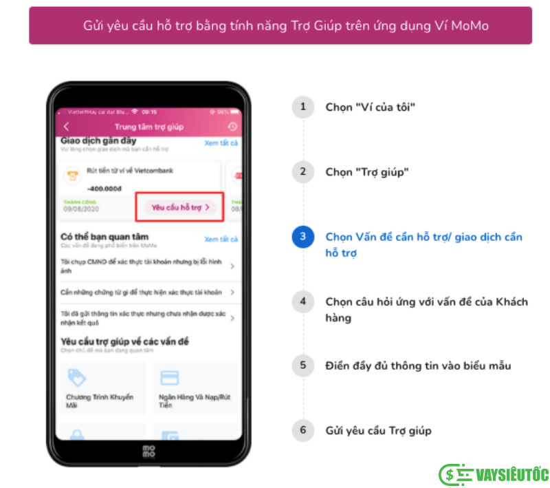 Chọn vấn đề cần hỗ trợ/ giao dịch cần hỗ trợ