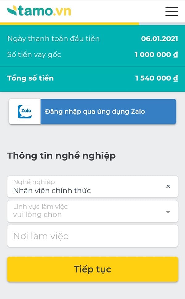 Hướng dẫn vay tiền Tamo