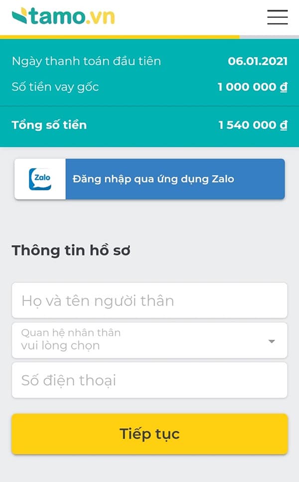 Hướng dẫn vay tiền Tamo