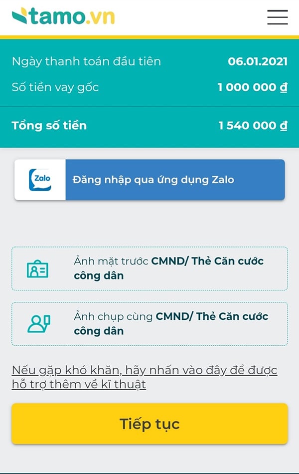 Hướng dẫn vay tiền Tamo