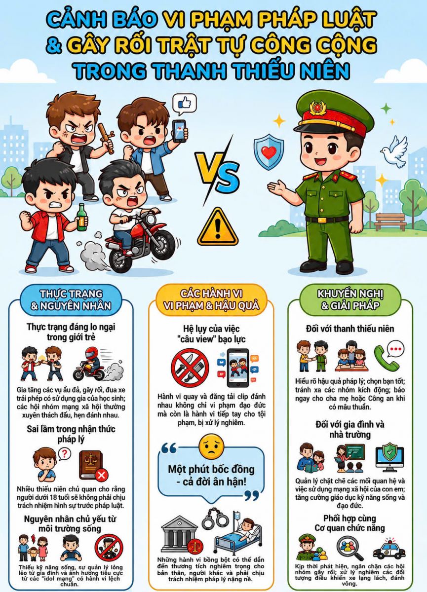 Cảnh báo vi phạm pháp luật và gây rối trật tự công cộng trong thanh, thiếu  niên