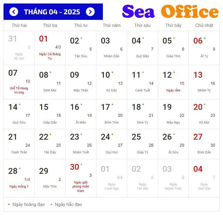 Lịch âm, Lịch dương 2025 đầy đủ, chi tiết, chính xác nhất - Sea Office